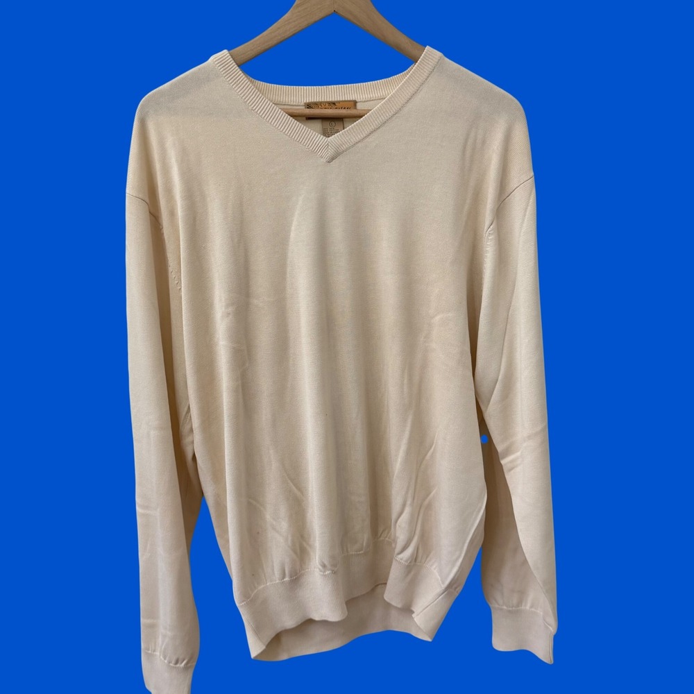 Bobby‎ Chan V-Neck Sweater Large Cream Silk Cotton Blend Long Sleeve